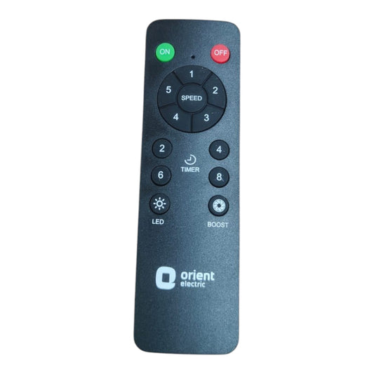 A black Orient electric fan remote control with buttons for speed adjustment, fan operation, and lighting control.
