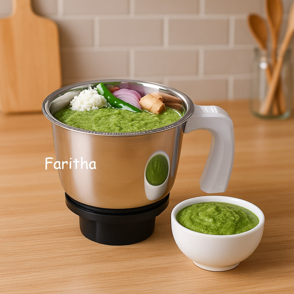 Farinha food processor with green mixture on a wooden surface