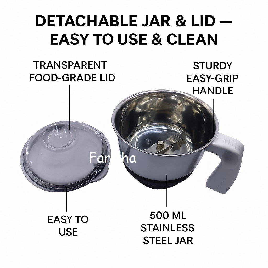 Stainless steel jar with transparent lid and handle on a white background
