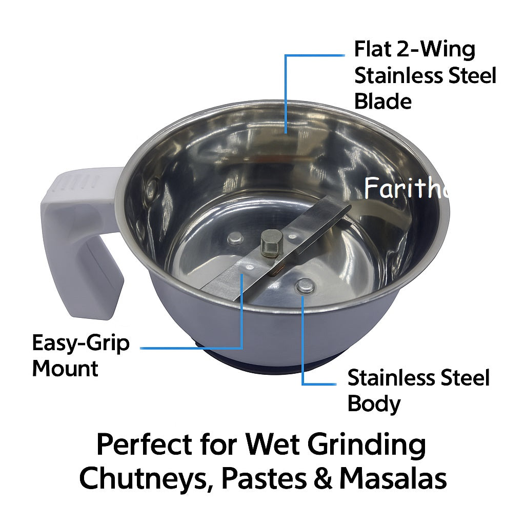Stainless steel chutney maker with labeled parts on a white background