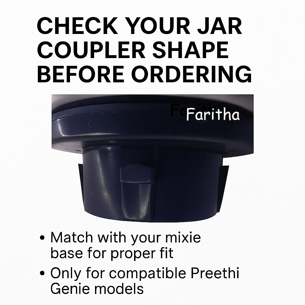 Black jar coupler with text advising to check shape before ordering, featuring the brand 'Faritha'.
