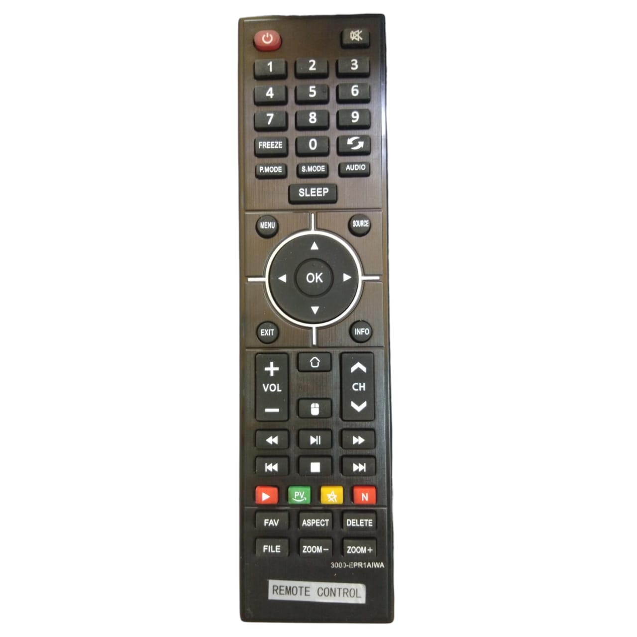 A black Aiwa brand remote control for electronic devices with multiple buttons.