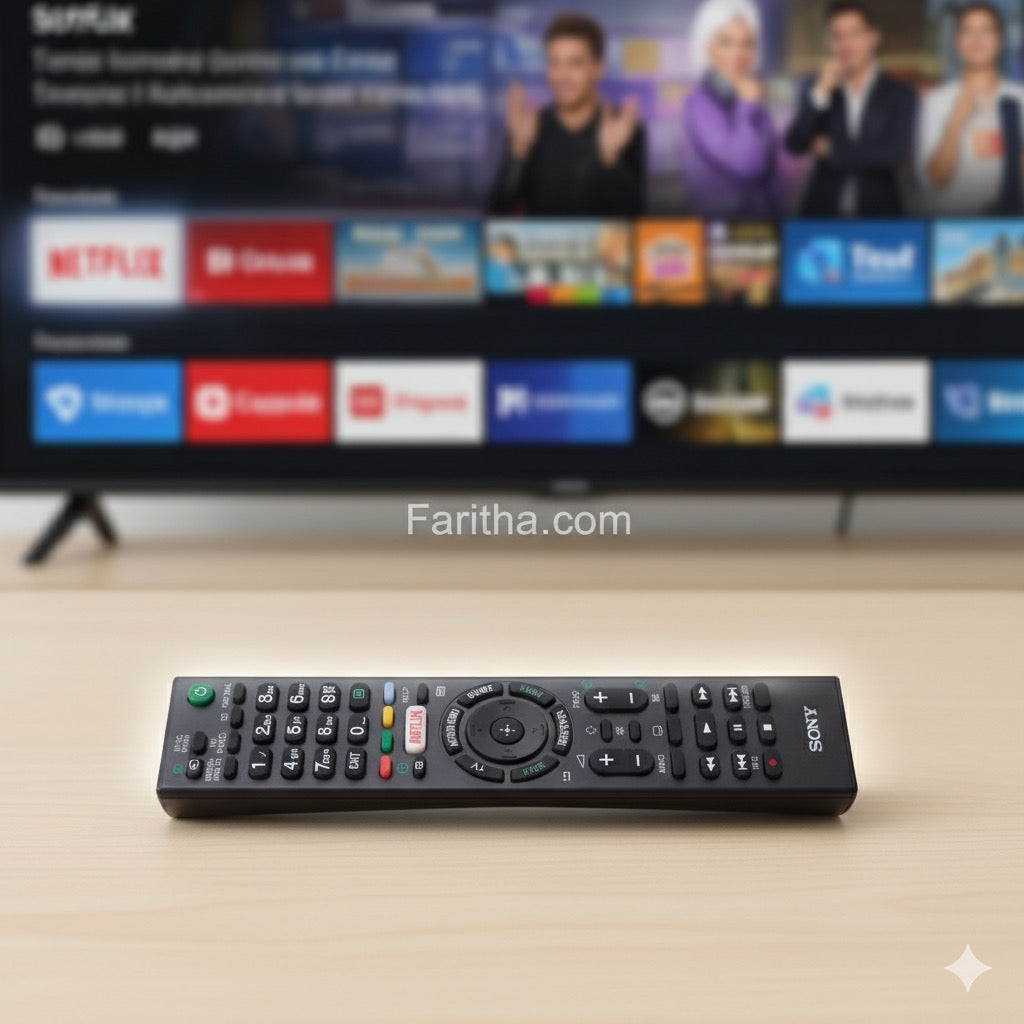 Sony remote control on a wooden surface with a blurred TV displaying streaming services in the background.