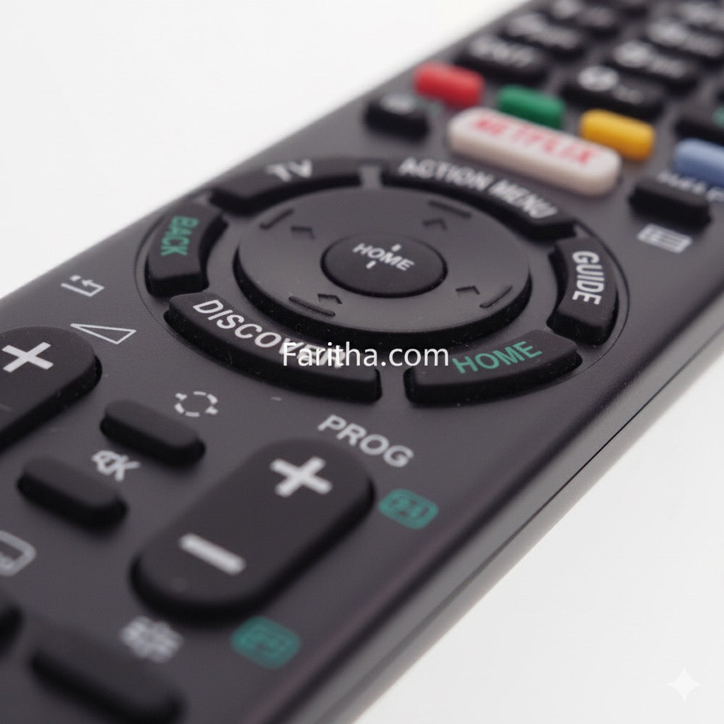 Close-up of a remote control with visible buttons on a white background