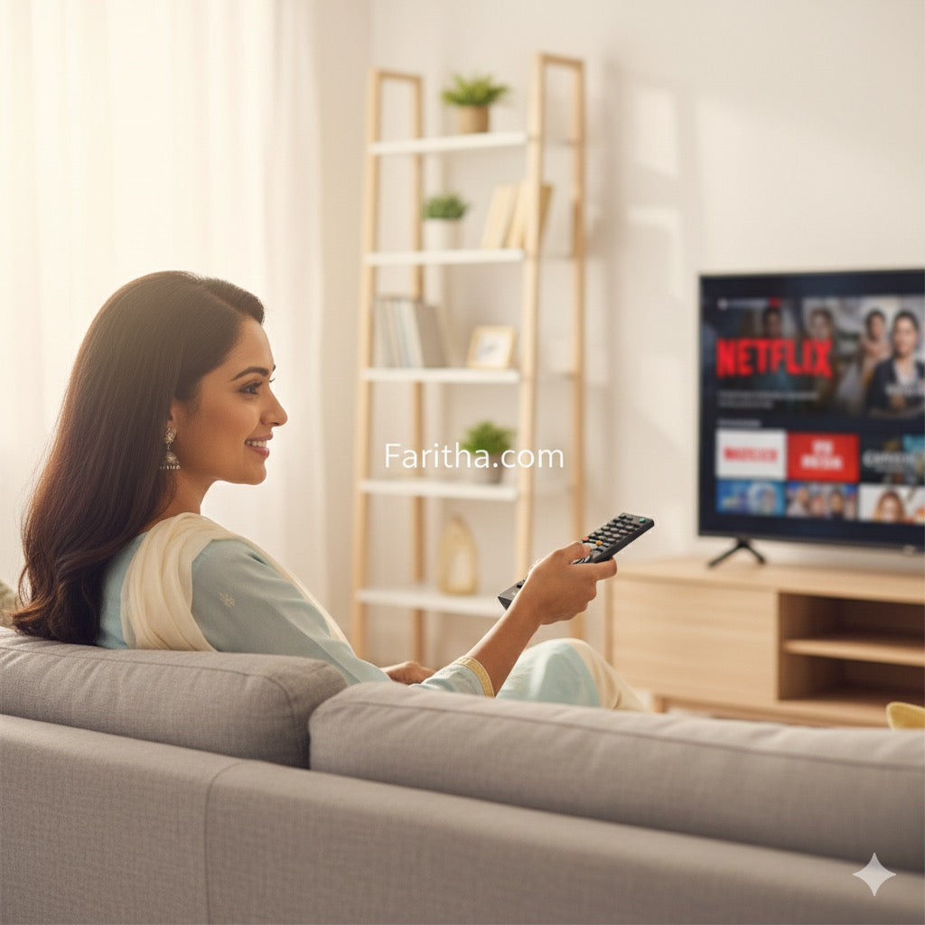 Woman sitting on a couch in a living room, holding a remote control with a TV displaying a streaming platform interface.