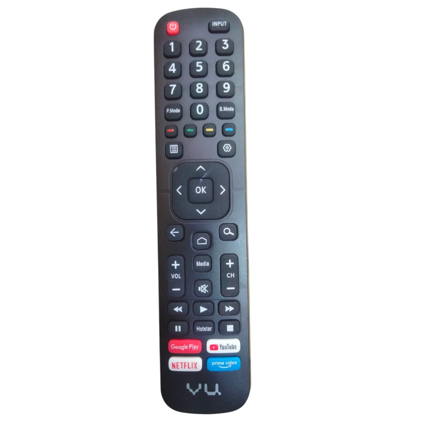 A VU Smart TV remote control with numeric keypad and various app shortcut buttons such as Google Play, YouTube, Netflix, and Prime Video.