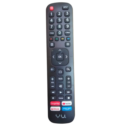A VU Smart TV remote control with numeric keypad and various app shortcut buttons such as Google Play, YouTube, Netflix, and Prime Video.