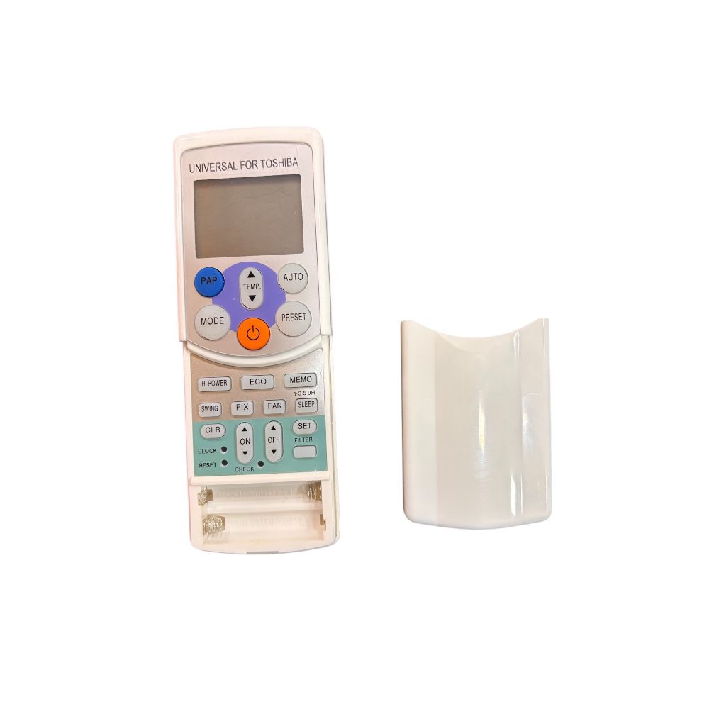 Toshiba AC Remote back view — 2 AAA batteries plug play India Faritha 2026