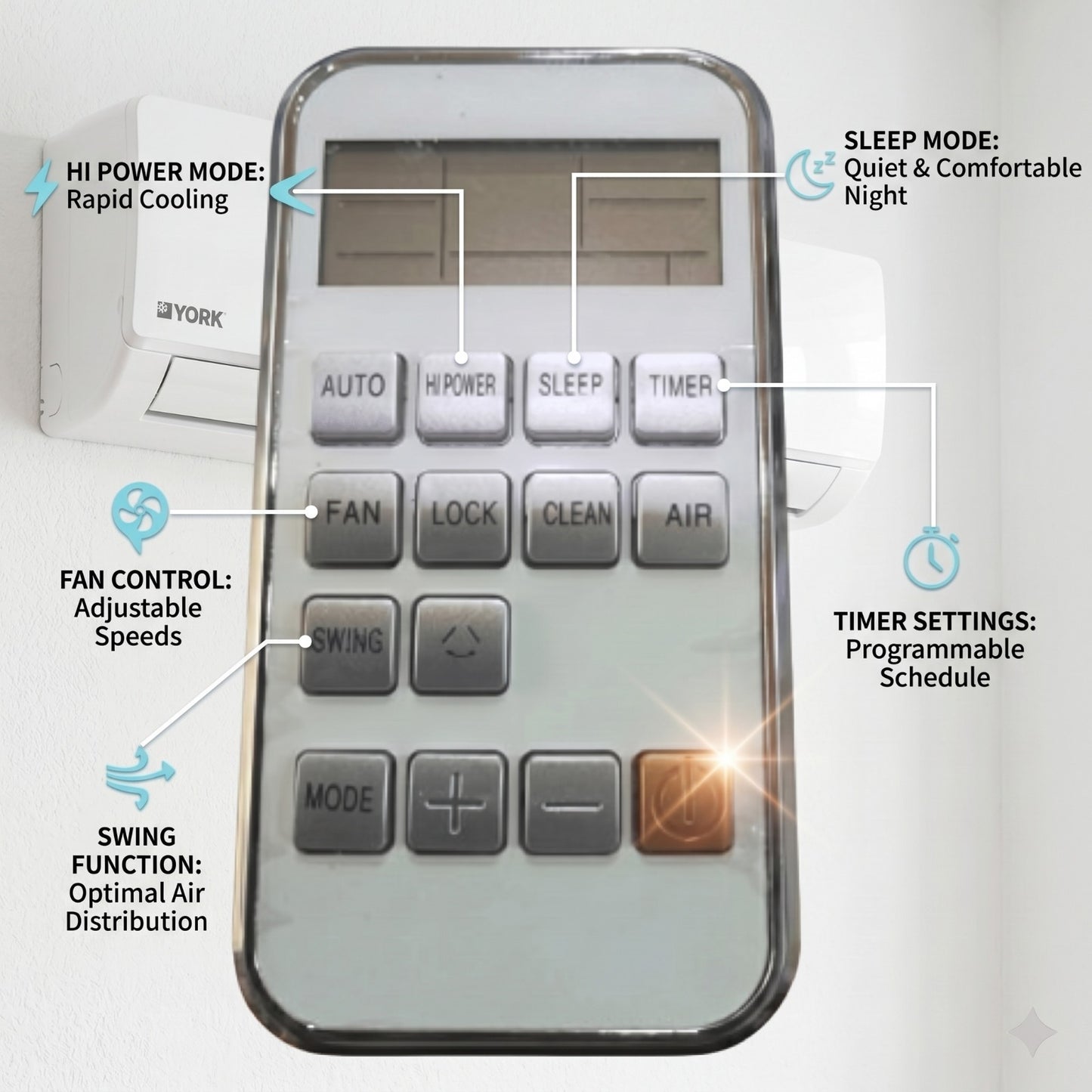 York AC Remote Control – Compatible Replacement with Hi Power Mode India