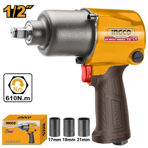 Heavy-Duty Air Impact Wrench with 610Nm Torque – Twin Hammer Mechanism + 4 Connectors + 3 Sockets AIW12562