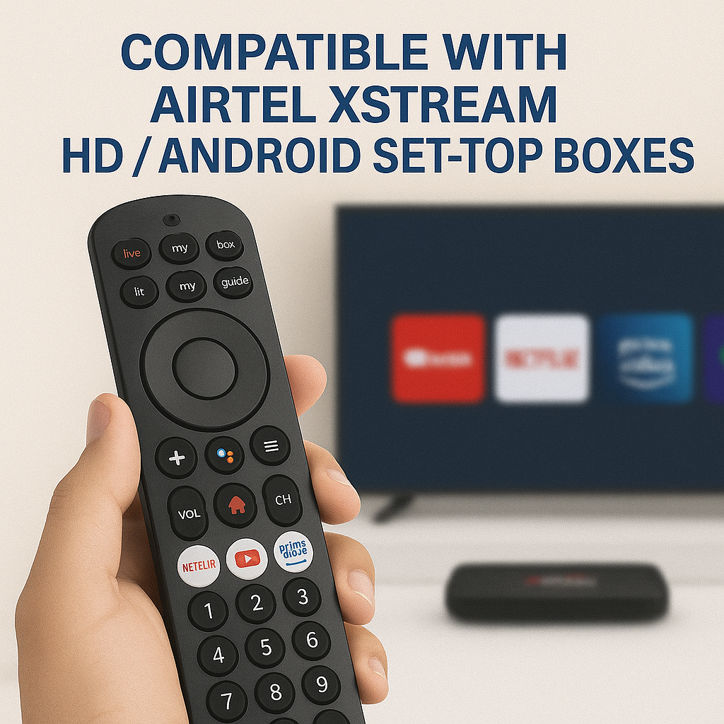Airtel Xstream Remote lifestyle — person using Airtel STB with original remote India Faritha