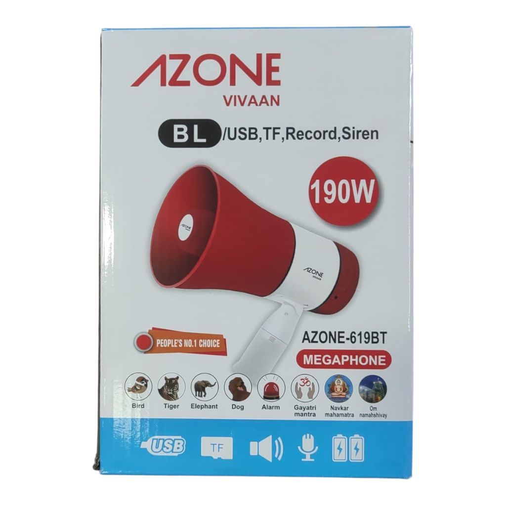 Red and white AZONE Vivaan Bluetooth megaphone with siren and recording