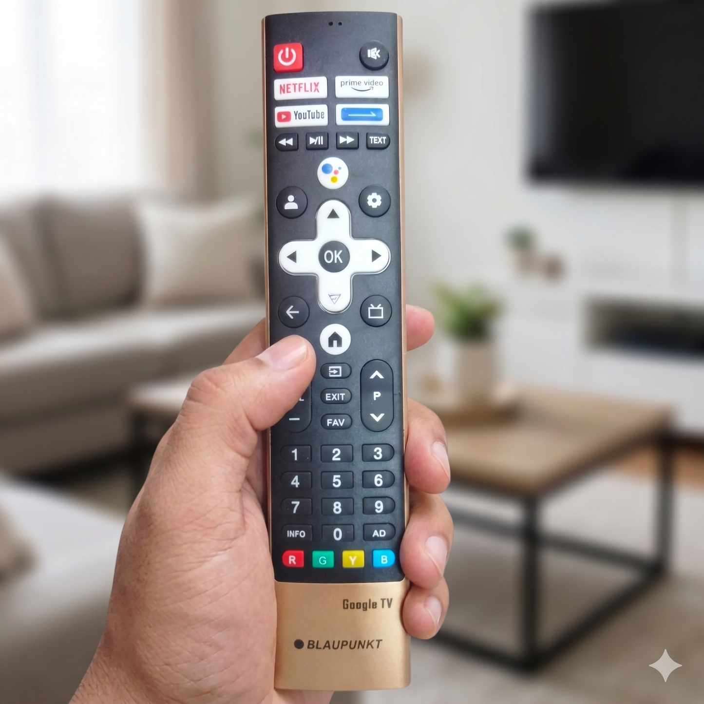 Blaupunkt Smart TV Remote buttons — voice Netflix YouTube Prime Video labeled India