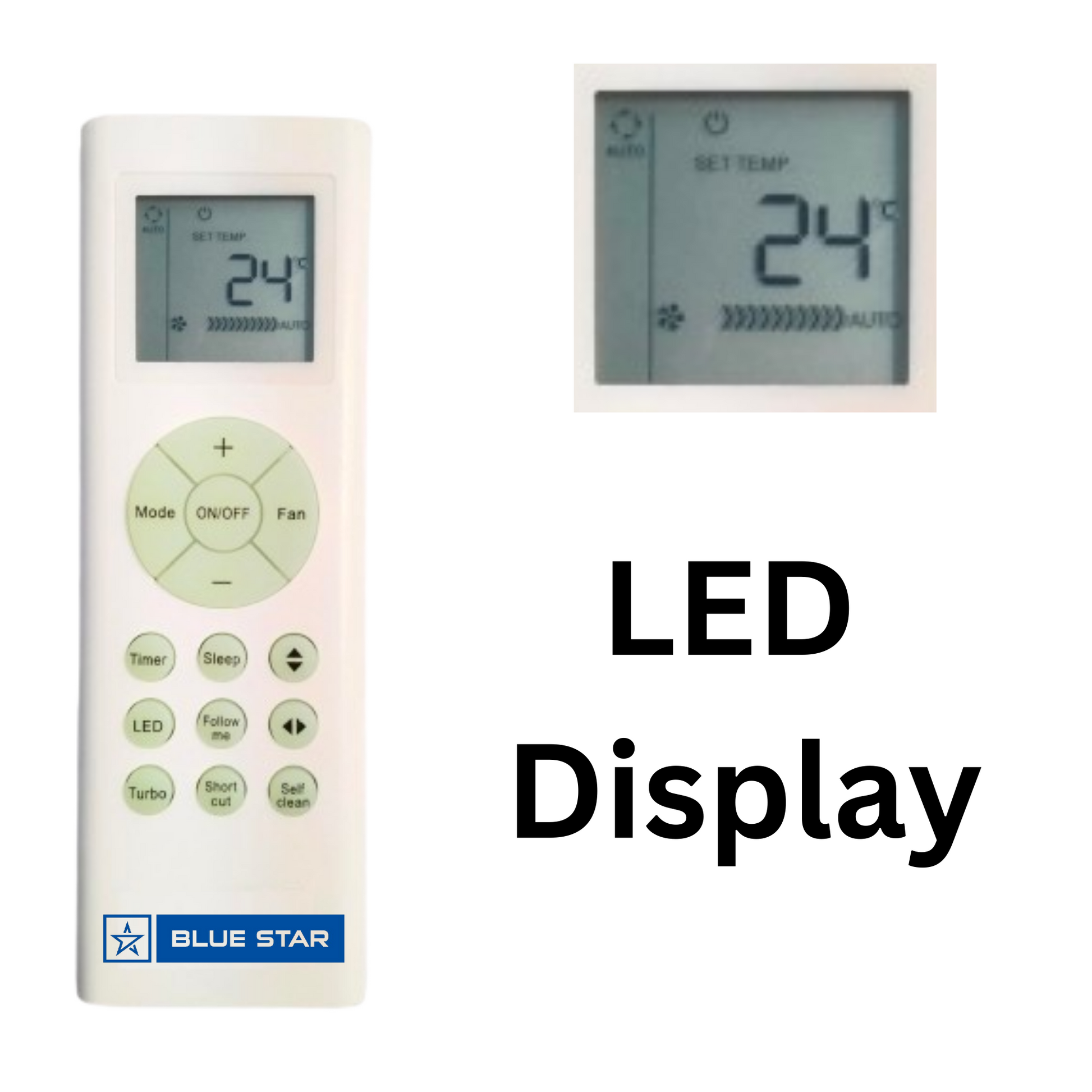 Blue Star AC remote front view — LCD display temperature India 2026