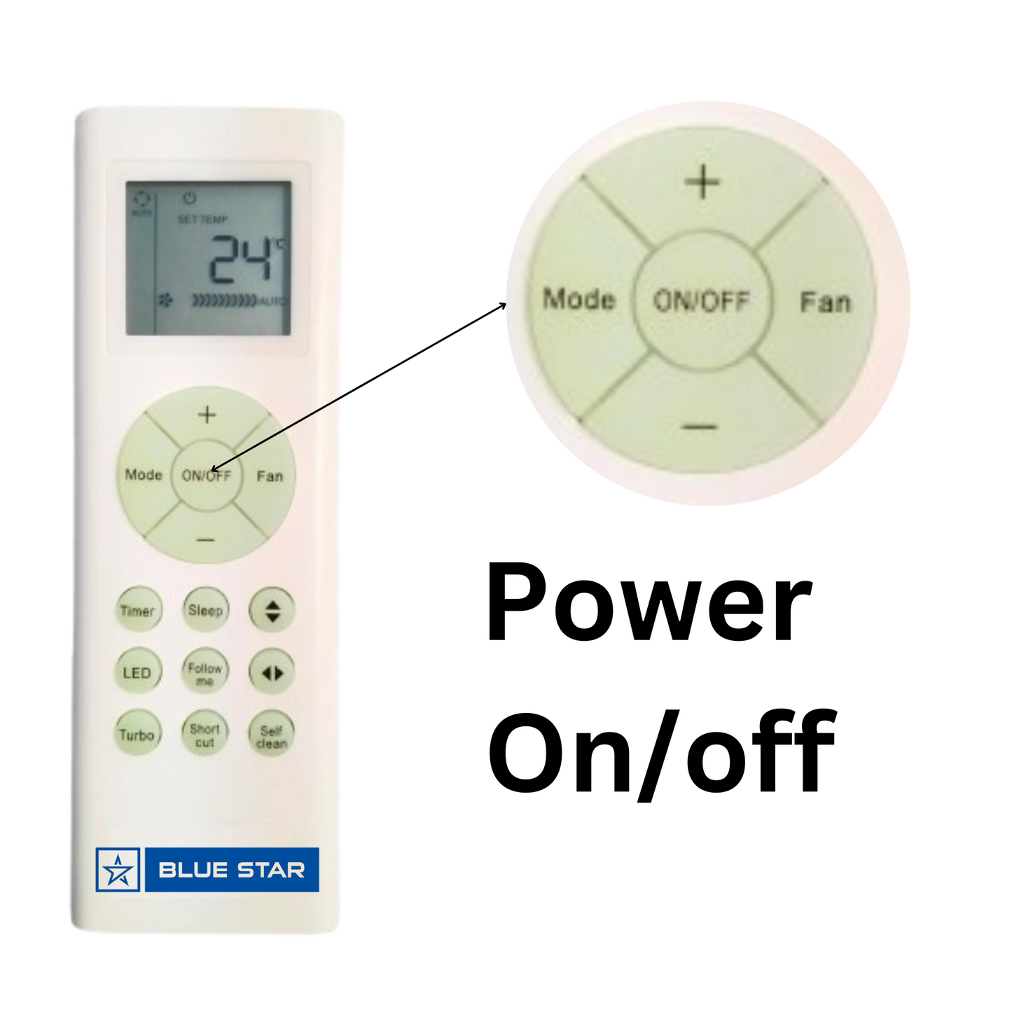Blue Star AC Remote 201A back view — 2 AAA batteries plug play India Faritha 2026