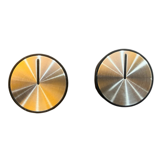 Brushed steel metal gas stove knob pair front view with indicator line