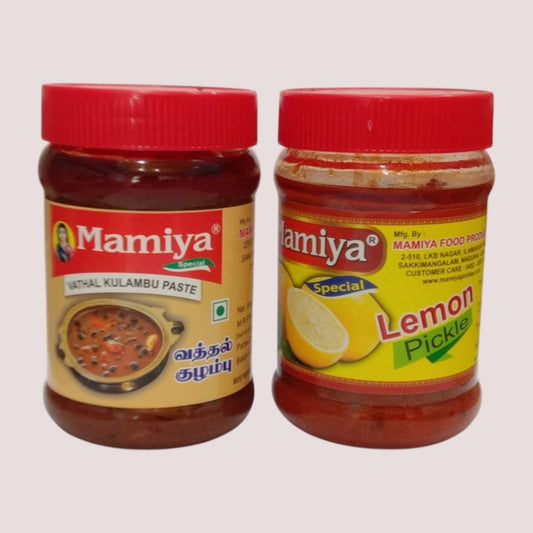 Mamiya pickles combo (vadhalkulambu paste & lemon )-300g Each