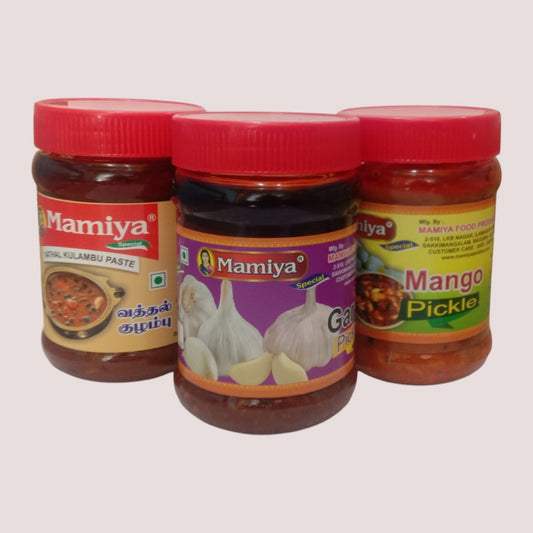 Mamiya Pickles Combo – 3 Delicious Flavors (Garlic, Vadhal Kulambu Paste, Mango) - 300g Each