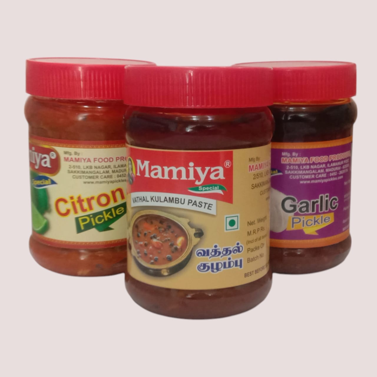 Mamiya Pickles Combo – 3 Delicious Flavors (Citron, Vadhal kulambu paste, Garlic) – 300g Each