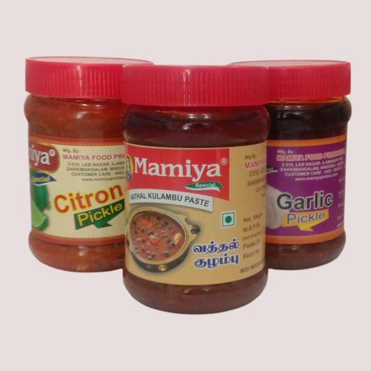 Mamiya Pickles Combo – 3 Delicious Flavors (Citron, Vadhal kulambu paste, Garlic) – 300g Each