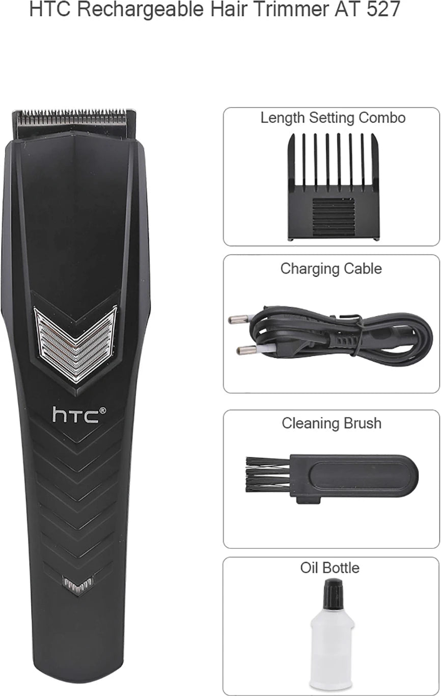 HTC rechargeable hair trimmer with accessories on a white background