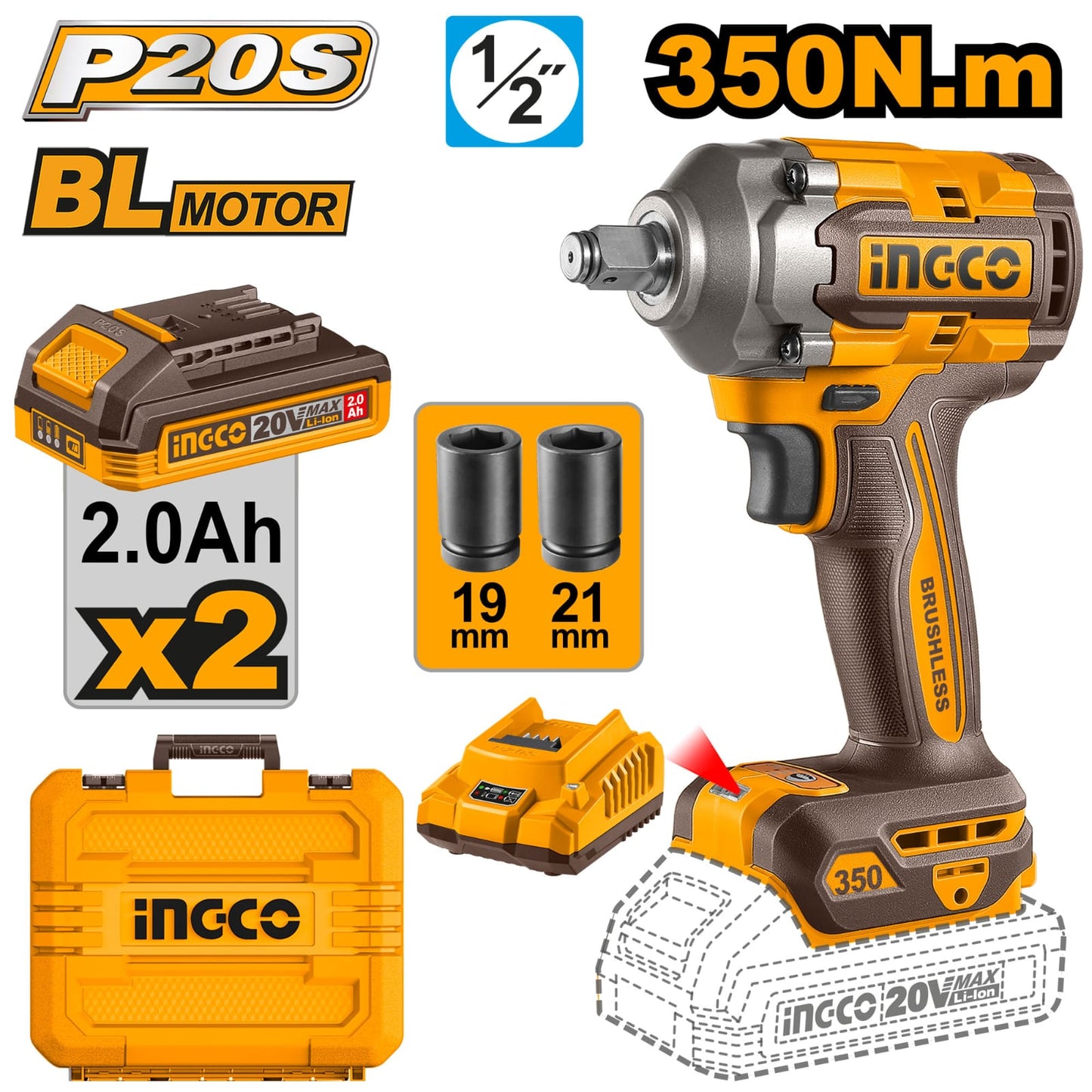 20V Cordless Impact Wrench with Brushless Motor – 1/2" Drive, 450Nm Torque, 2 Batteries, Charger &Sockets Included CIWLI2035