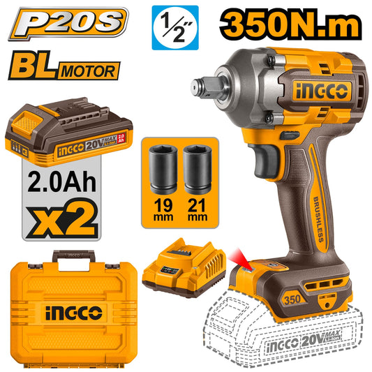 20V Cordless Impact Wrench with Brushless Motor – 1/2" Drive, 450Nm Torque, 2 Batteries, Charger &Sockets Included CIWLI2035
