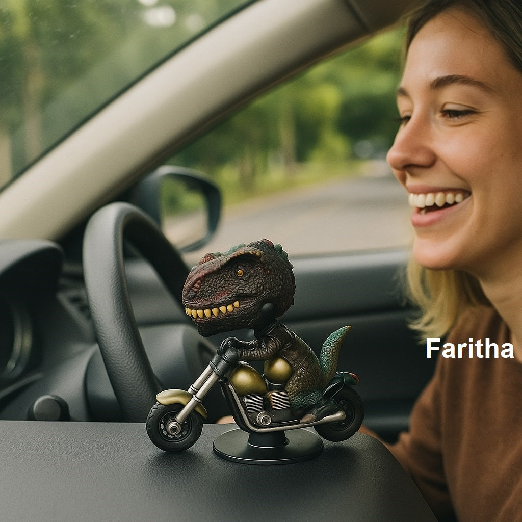 360° Rotating T-Rex on Bike – Funny Dinosaur Bobblehead for Car Dashboard