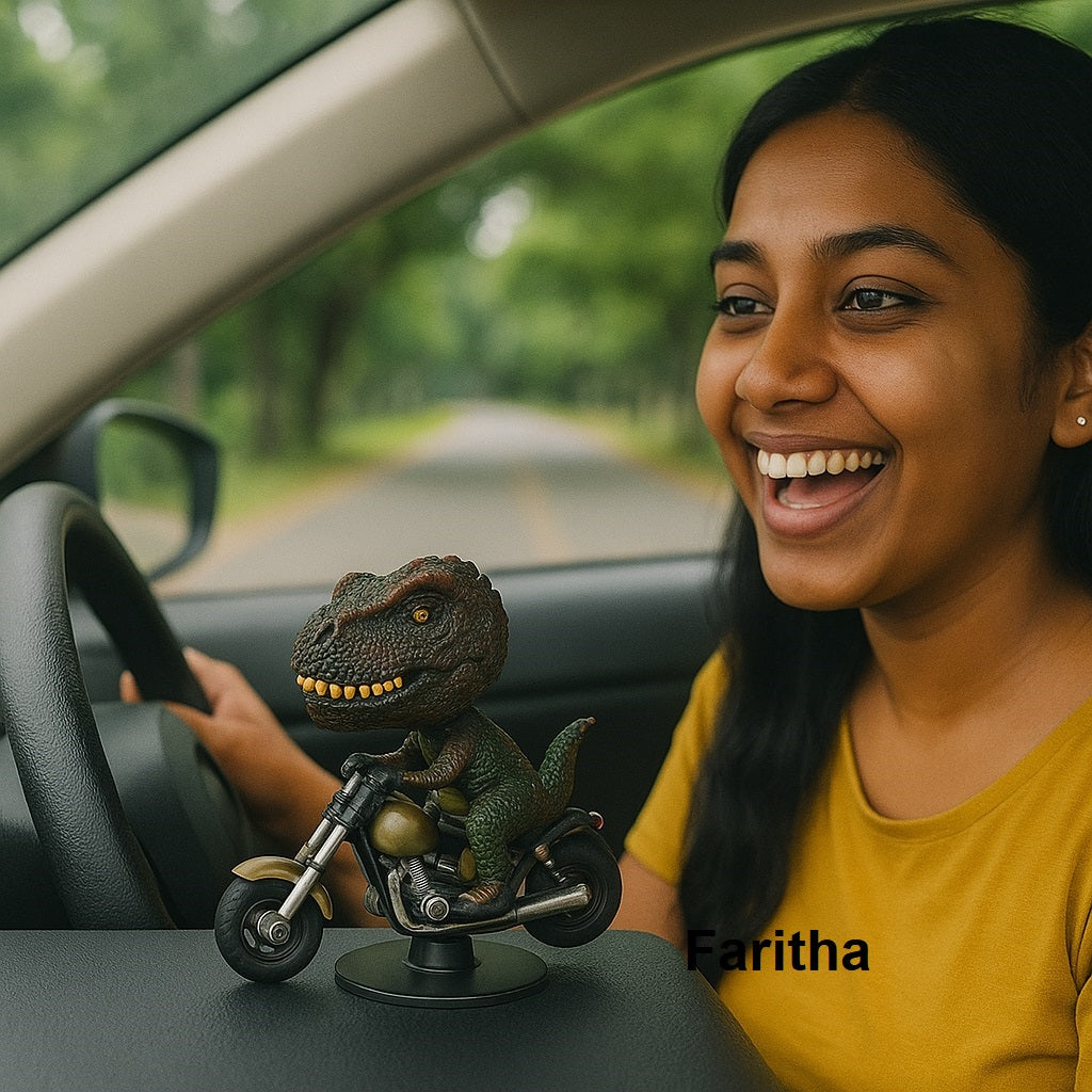360° Rotating T-Rex on Bike – Funny Dinosaur Bobblehead for Car Dashboard