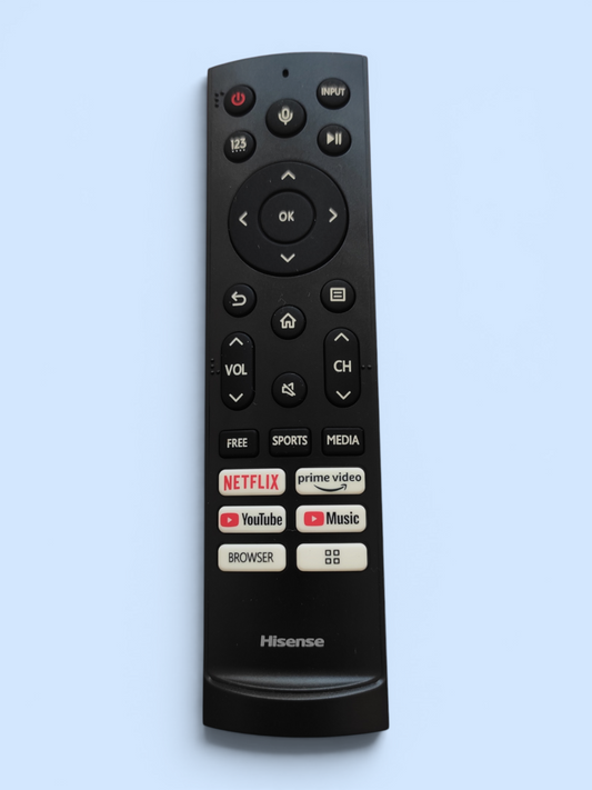 Original Hisense Smart TV Remote front view — Netflix Prime Video YouTube Music Browser Voice India