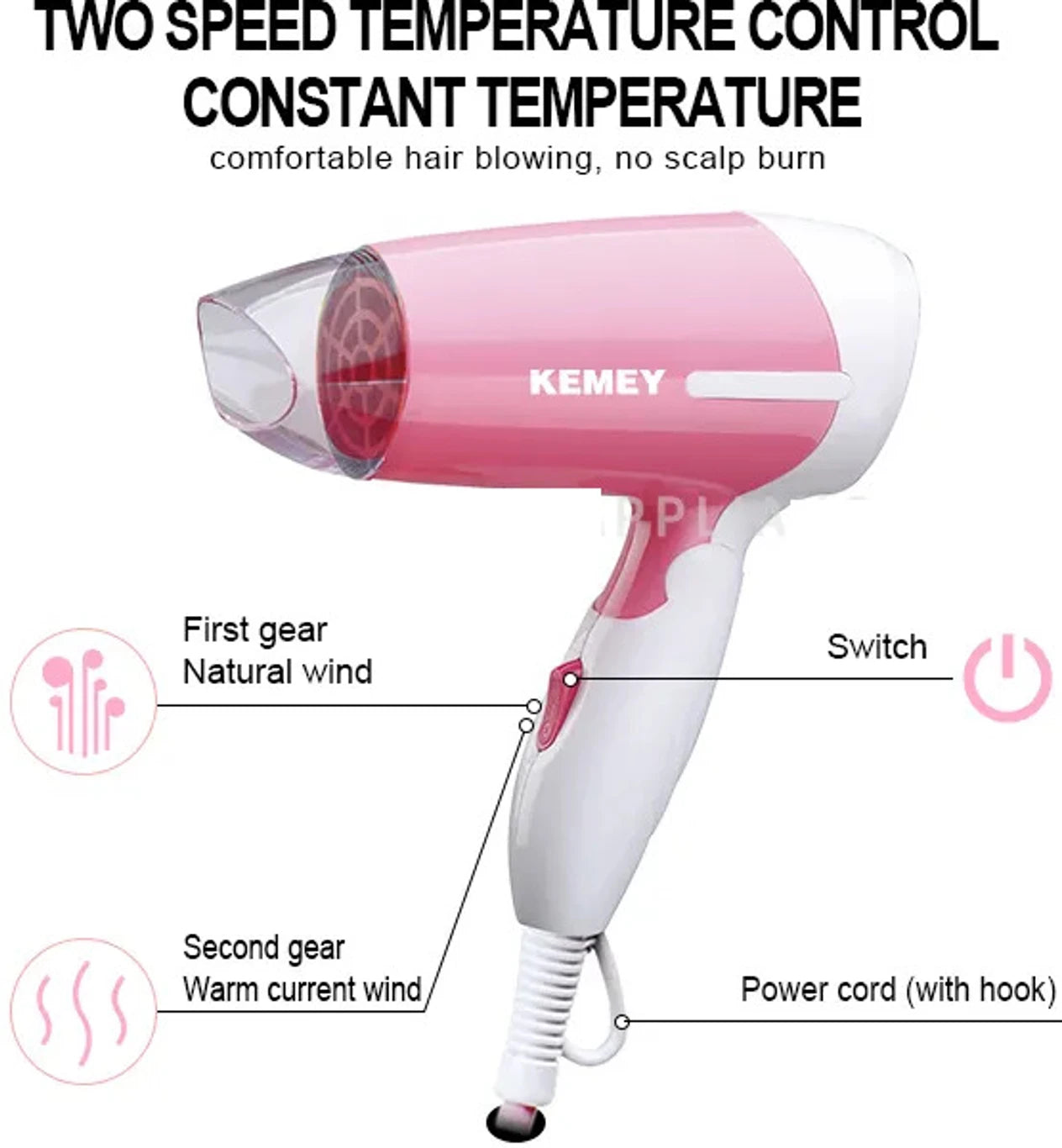 Kemei KM-0064 Hair Dryer 1200W Foldable Hot & Cold Air Dryer Pink #