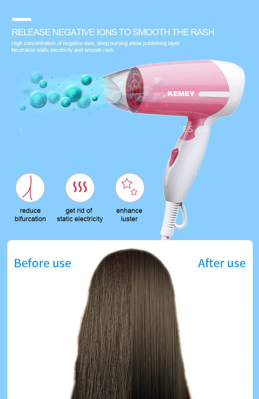 Kemei KM-0064 Hair Dryer 1200W Foldable Hot & Cold Air Dryer Pink #