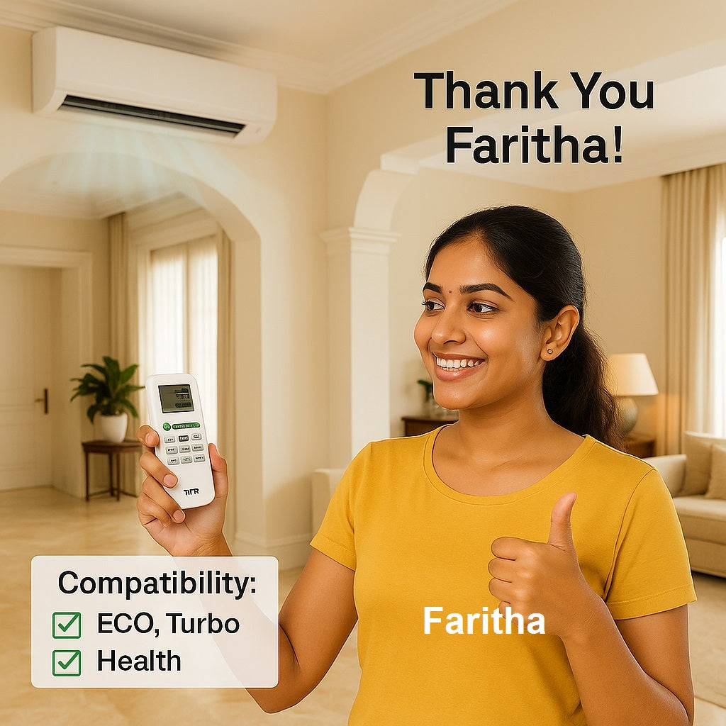 Woman in a living room holding a remote control with 'Faritha' branding, giving a thumbs up.