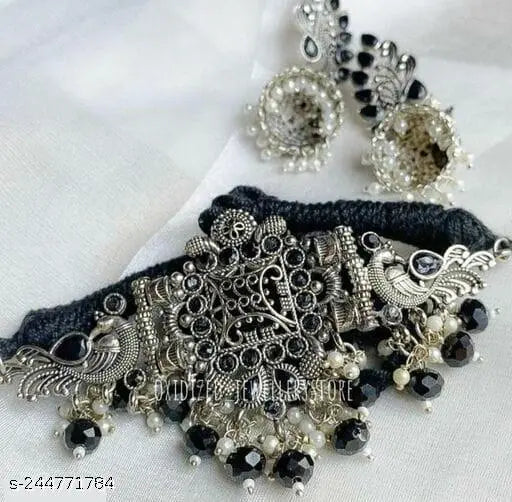 Elite Oxidised Silver Choker Set with Pearl Necklace and Earrings India