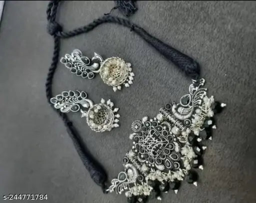 Elite Oxidised Silver Choker Set with Pearl Necklace and Earrings India