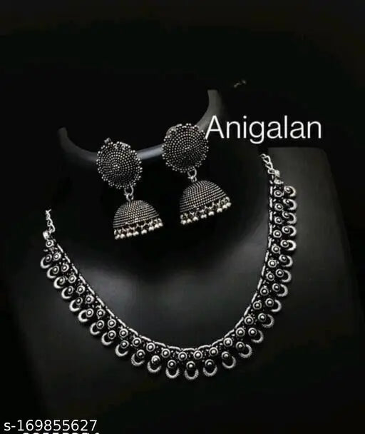 "Feminine Fusion Oxidised Silver Jewelry Set – Trendy Necklace & Earrings"