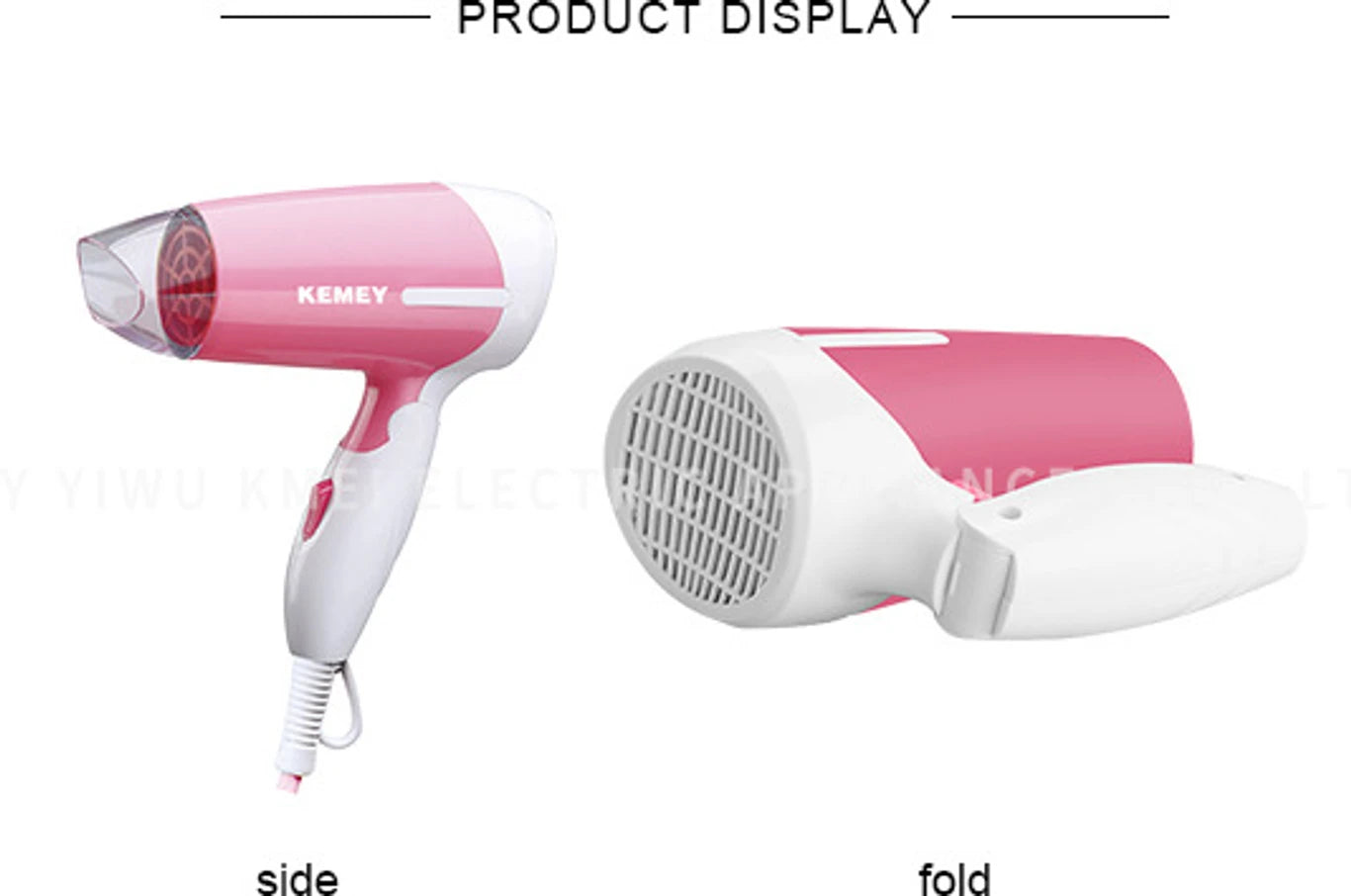 Portable Kemei foldable hot and cold hair dryer in pink