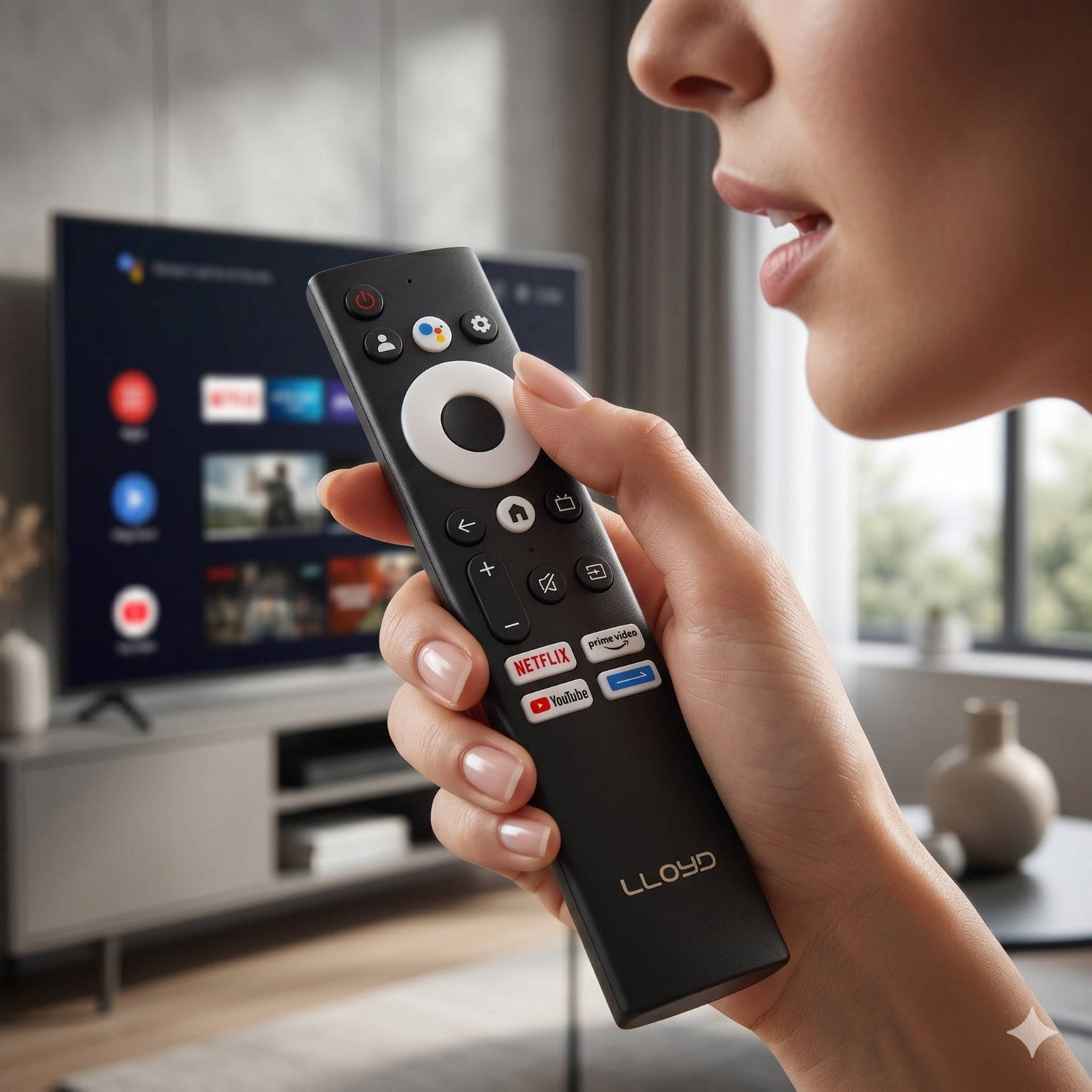 Lloyd Smart TV Remote front view — compatible Lloyd Android TV India 2026