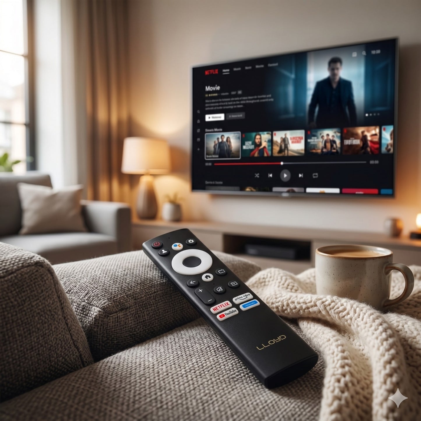 Lloyd Smart TV Remote buttons — Netflix Prime Video YouTube voice labeled India 2026