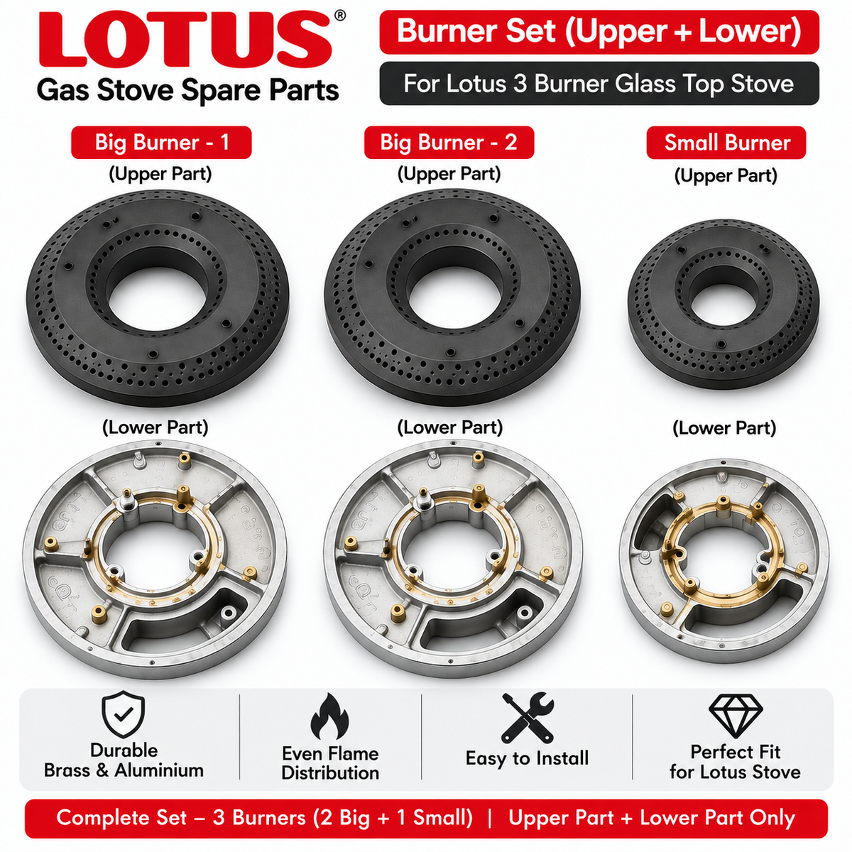 Lotus FLEXI MCT 376 DX gas stove burner set with 2 big and 1 small burner, upper and lower parts