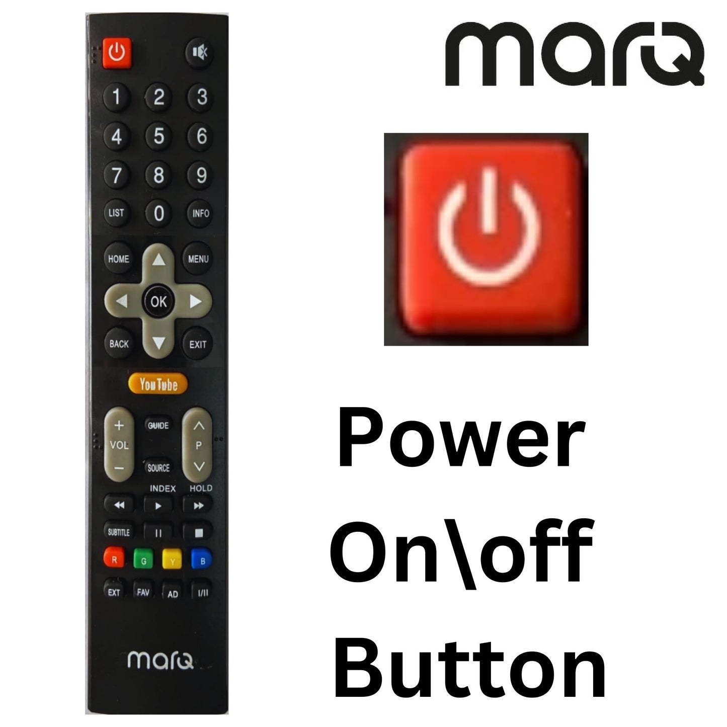 MARQ TV Remote back view — 2 AAA batteries plug and play India Faritha