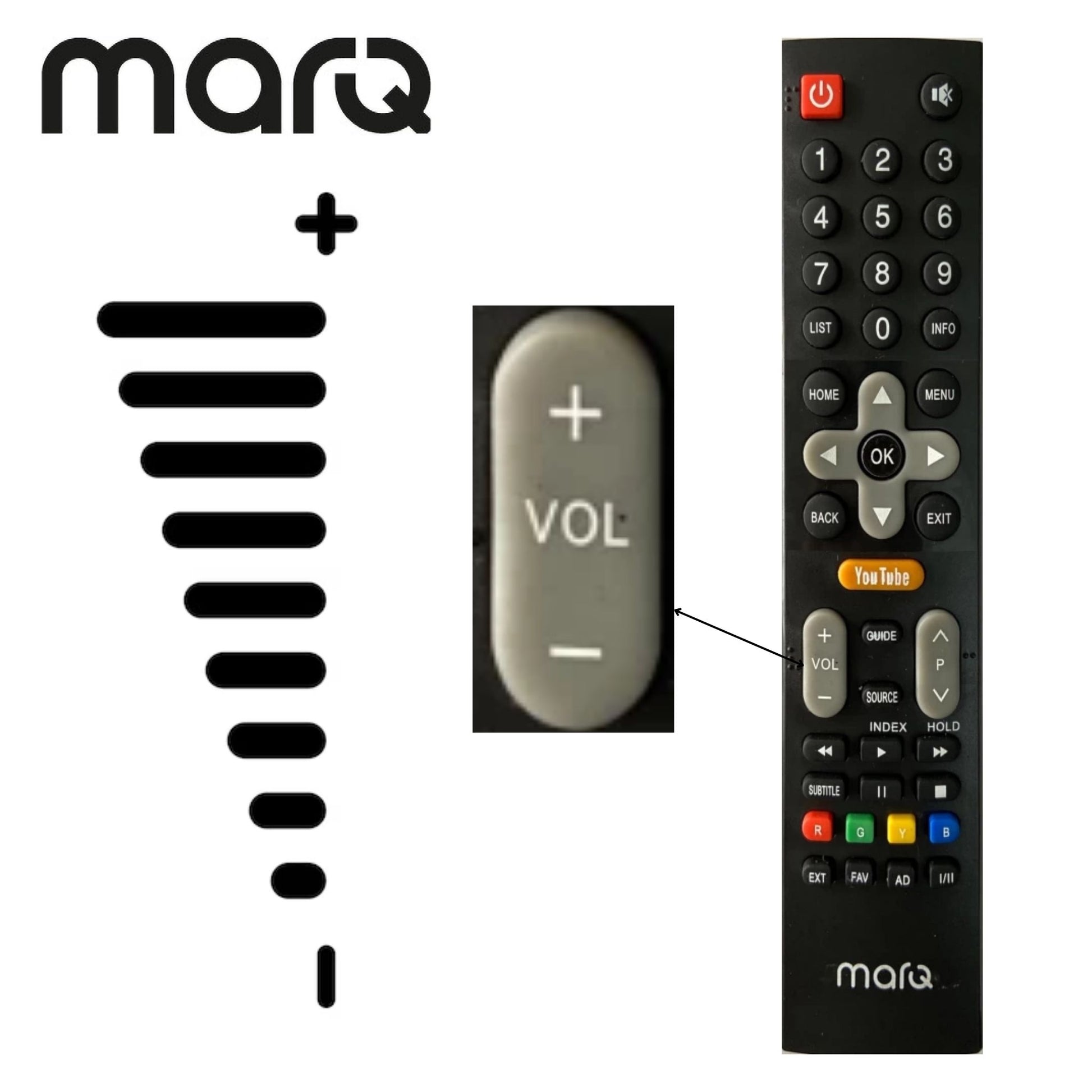 MARQ TV Remote YouTube shortcut button closeup — compatible India Faritha 2026