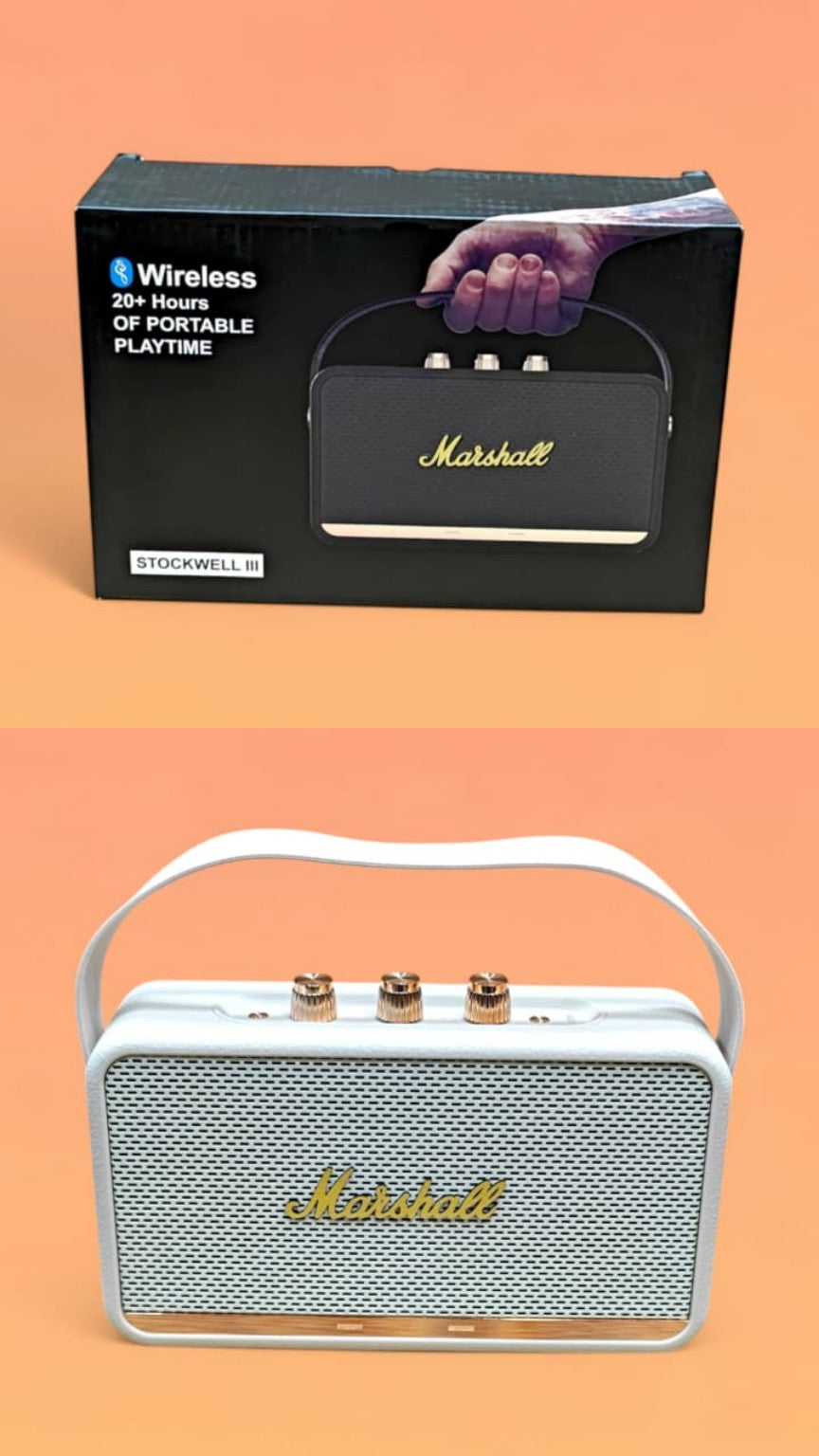 Speaker retail box and beige speaker front view