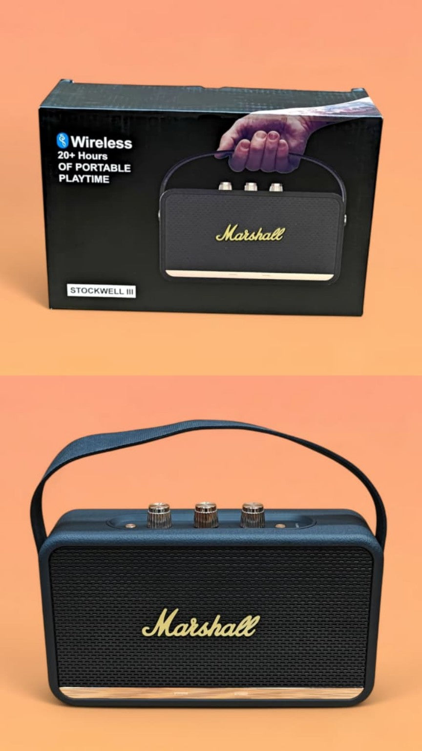 Speaker retail box and black speaker front view