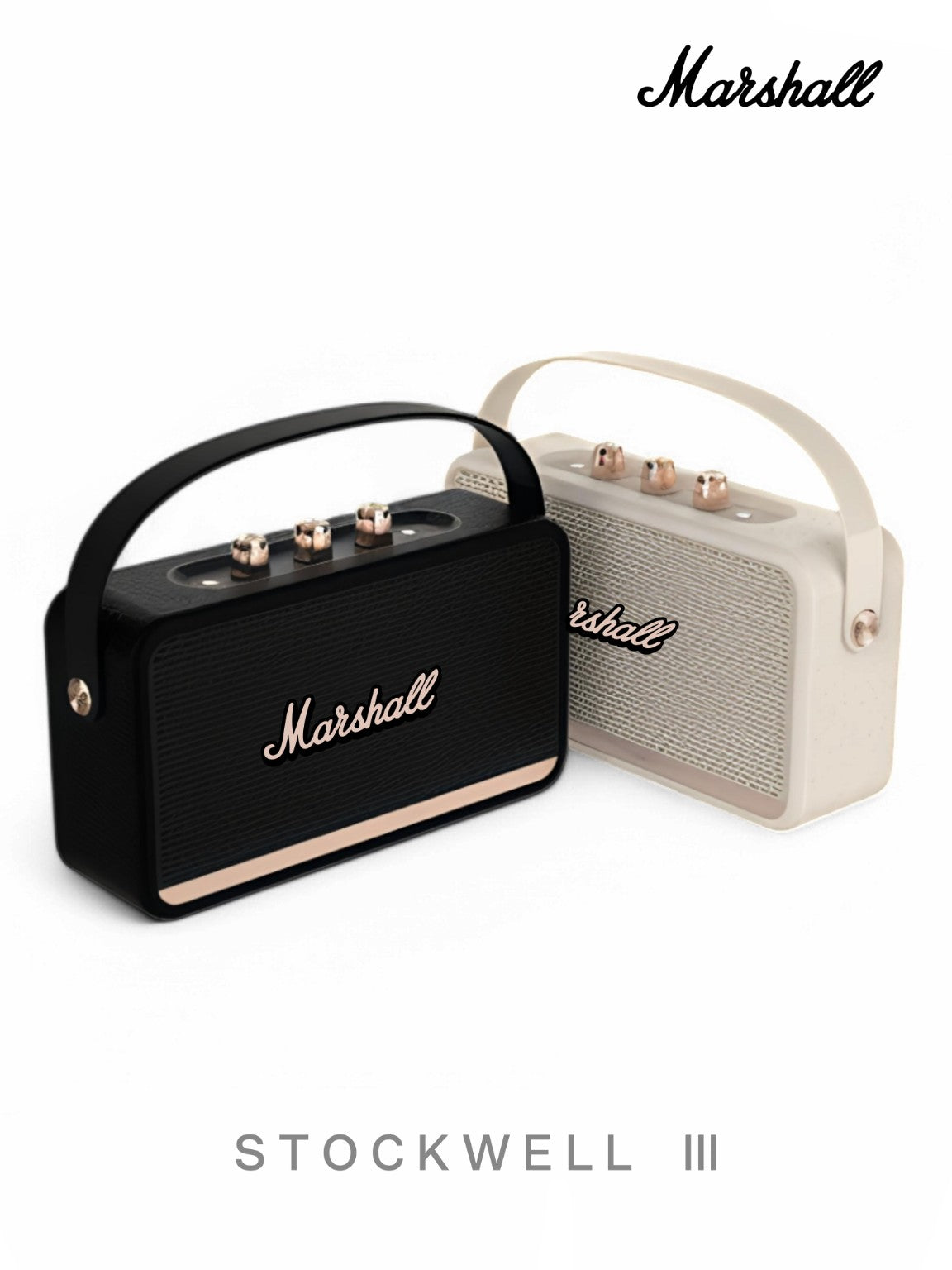 Two portable speakers in black and beige