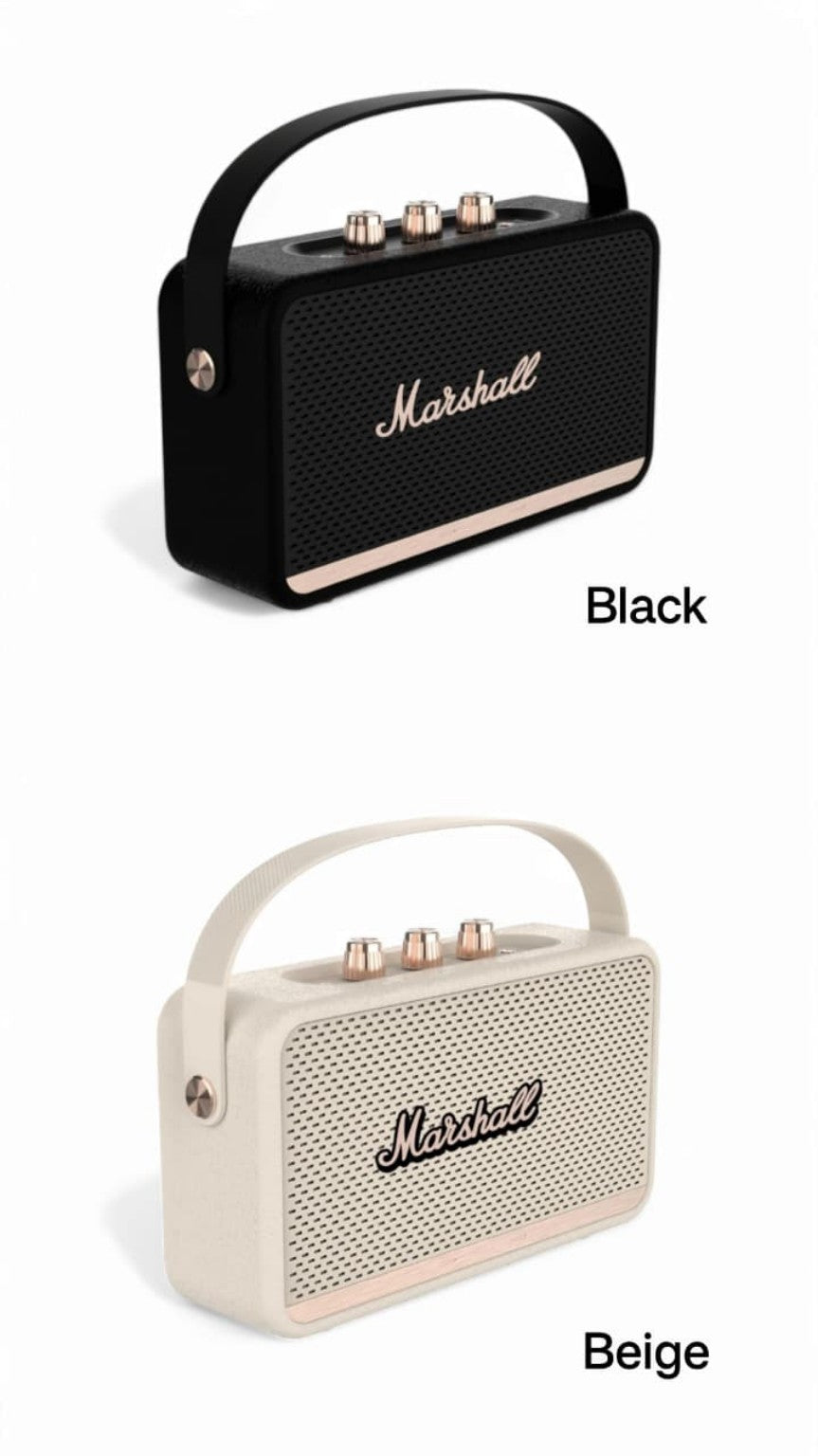 Portable Bluetooth speaker in black and beige