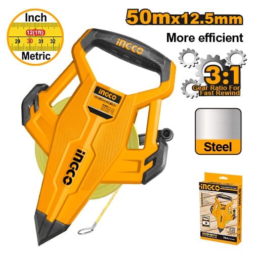 50m Steel Measuring Tape with 3:1 Gear Ratio | Metric & Inch | Ergonomic Handle | HSMT8550