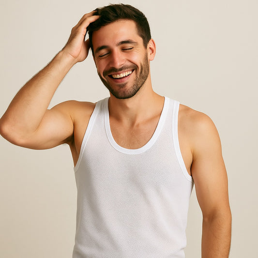 Poomex Men’s White Netted Vest – 100% Combed Cotton, Breathable & Comfortable