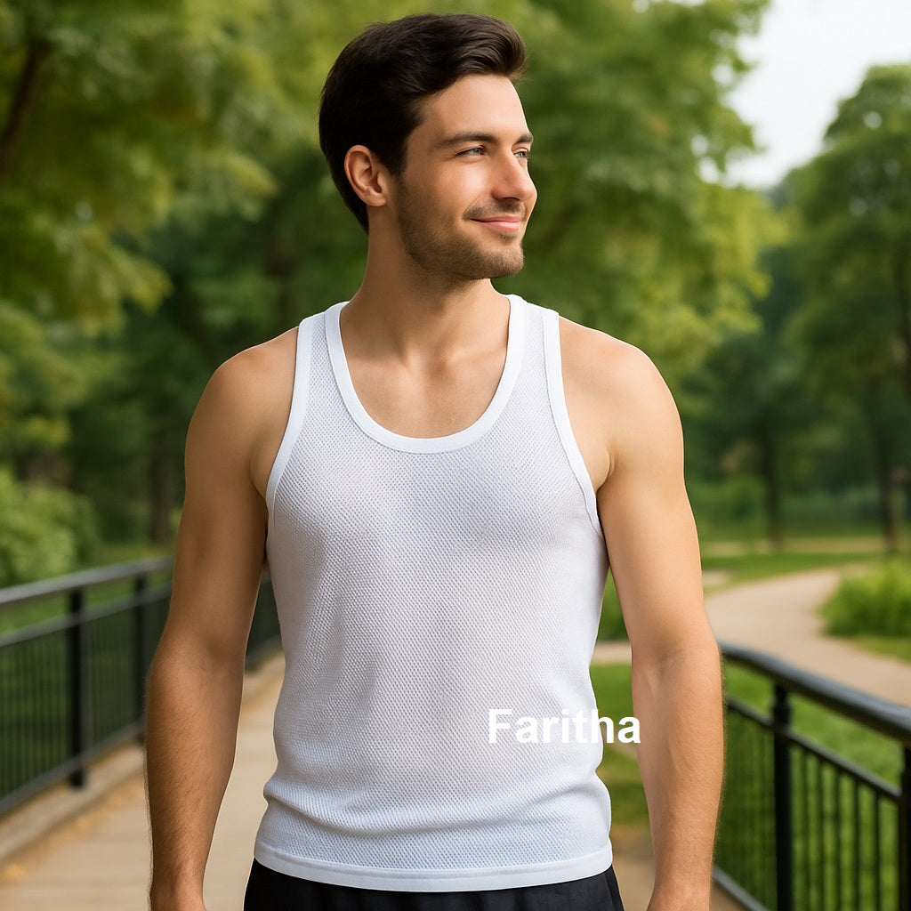 Poomex Men’s White Netted Vest – 100% Combed Cotton, Breathable & Comfortable