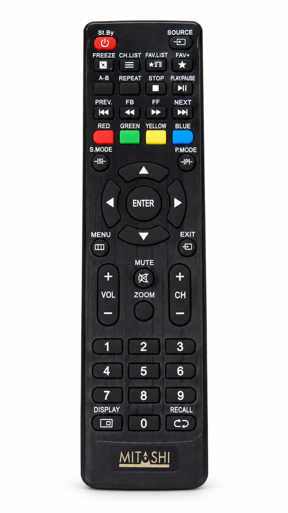 Mitashi black TV replacement remote control on white background